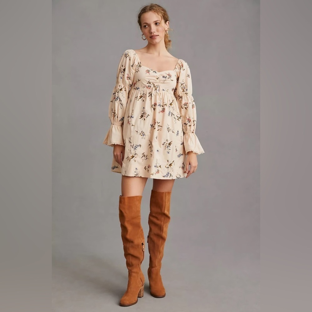 Anthropologie Embroidered Mini Dress NWT — Sand S | Cottagecore Boho